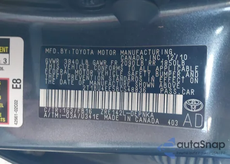 2011 Toyota Corolla Le z USA, uszkodzony, nr VIN 2T1BU4EE5BC548836